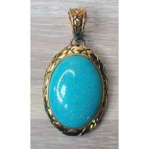 Large Oval Turquoise & Gold Tone Filigree Pendant 17.46g Vintage Boho 177